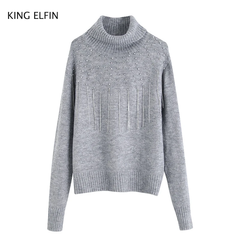 KING ELFIN Fashion Za Sweater Women 2020 Winter Casual Loose Turtleneck Fringe Rhinestone Grey Knitted Female | Женская одежда