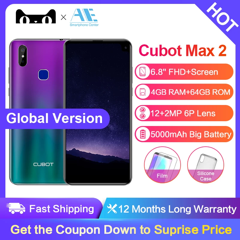 Cubot Max 2 6.8 Inch HD 19:9 4GB 64GB MT6762 Octa Core Smartphone Android 9.0 5000mAh Dual Rear Cameras 6P Lens 4G LTE Cellphone