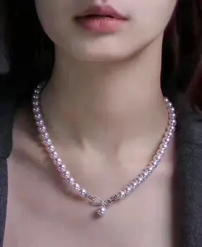 

D428 Pearl Necklace Fine Jewelry Almost ROund 7-10mm Natural Fresh Water Pinkish White Pearls Necklaces for Women
