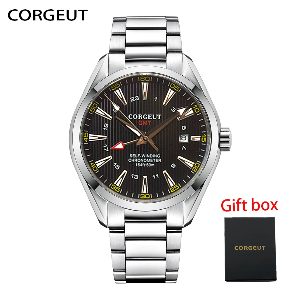 CORGEUT Mens Watch Luxury Top GMT Calendar Automatic Mechanical Sapphire Crystal Stainless Steel Wristwatch Brand Montre Homme | Наручные