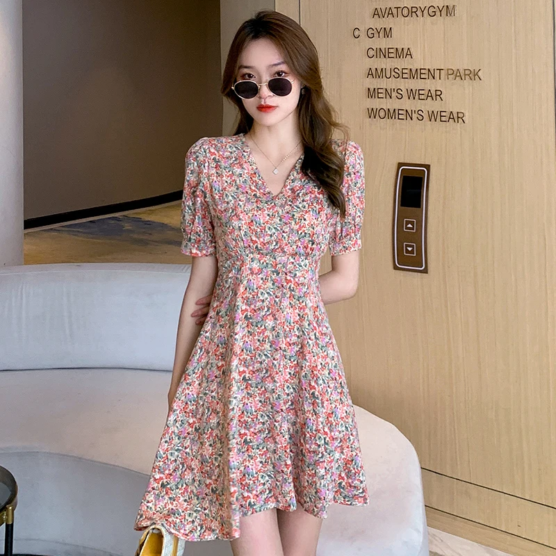 PROD 1005002515247398 Summer Women V-Neck Short Sleeve Floral Print
A-Line Dress Female Casual Chiffon Beach Mini Dress Vestidos De Verao