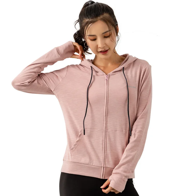 

2020 autumn and winter women's sports sweater stretch zipper running gym hooded jacket hook finger long-sleeved top