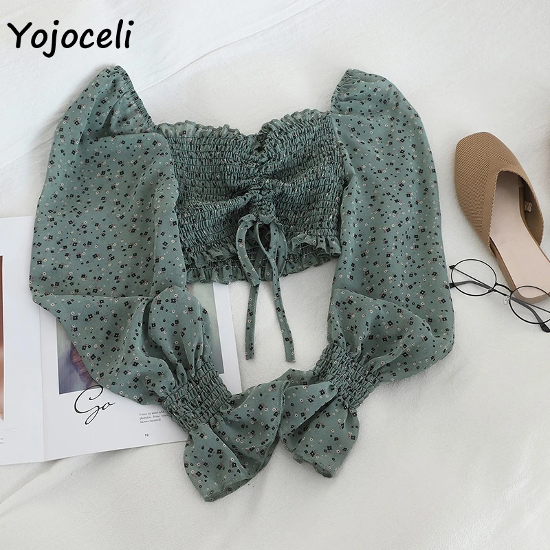 Yojoceli boho beach print blouses shirt women long sleeve ruffle short blouse tops female blusas
