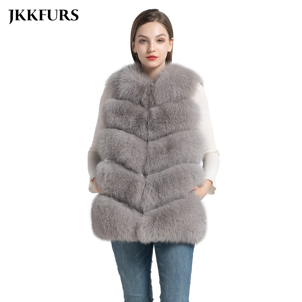 Женский жилет JKKFURS Длинный из натурального меха лисы 5 рядов S1571 зима 2019|Шубы и