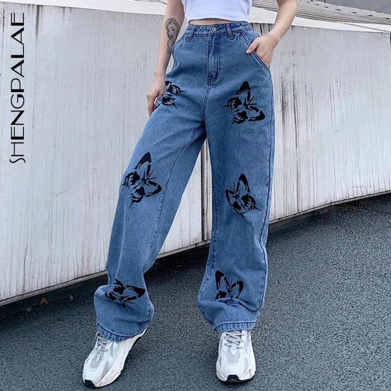 Shengpalae 2022 New Summer Vintage Jeans Woman Long Trousers Cowboy Female  Loose Streetwear Butterfly Print Pants Za4110 - Jeans - AliExpress