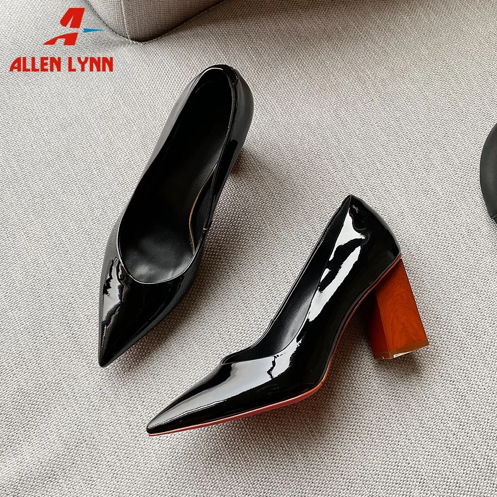 

ALLEN Brand Female Dress Shoes Woman Spring Pointed Toe Square Heels Shallow Spring Pumps Women Patent Leather Pumps