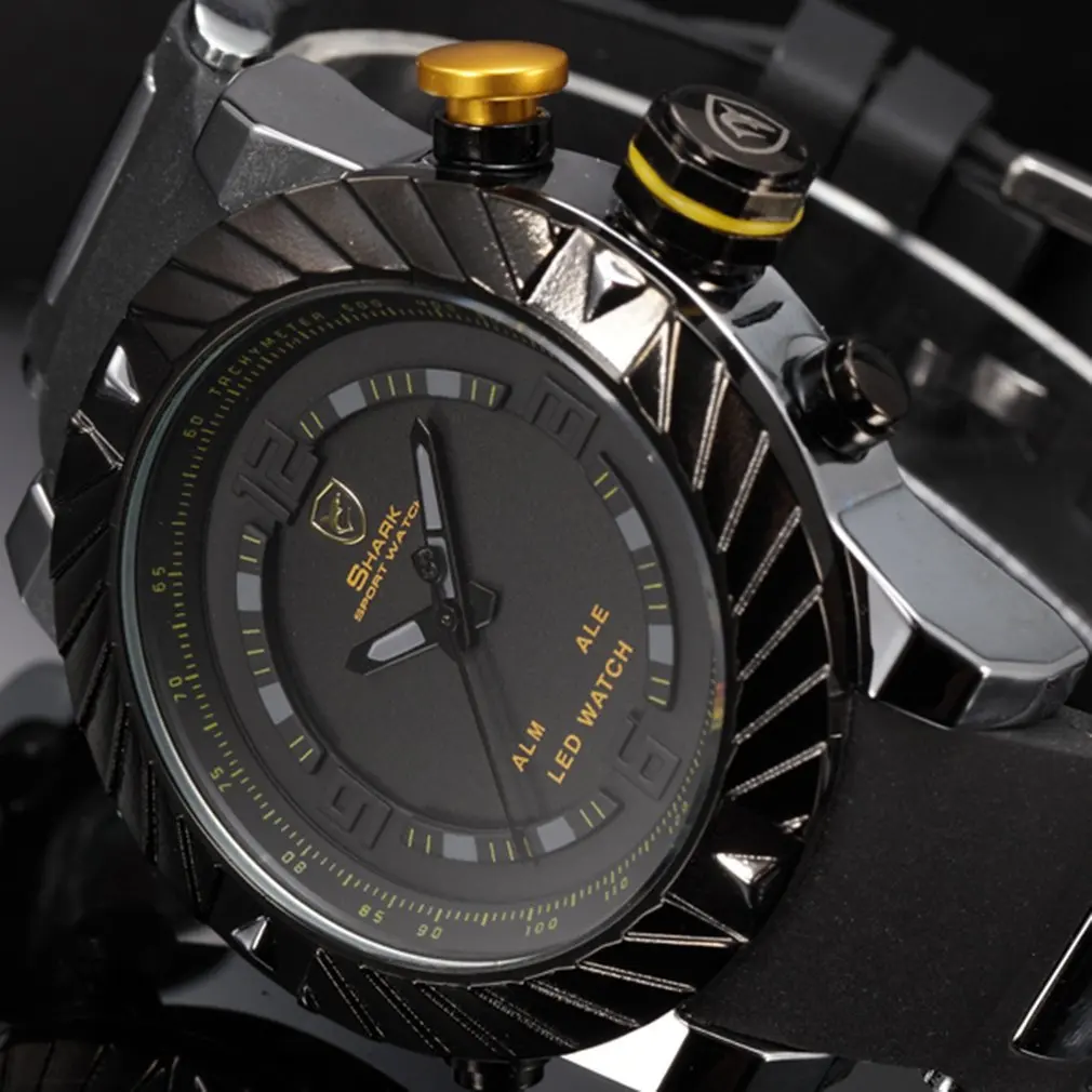 Goblin Shark Sport Watch 3D Logo Dual Movement Waterproof Full Black Analog Silicone Strap Fashion Men Casual Wristwatch / SH165