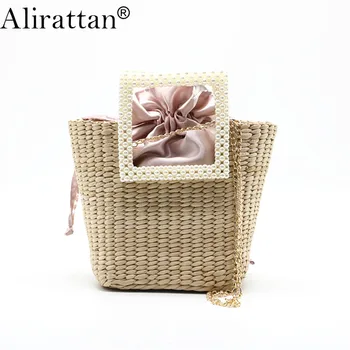

Alirattan 2020 New Women Straw Handbags Summer Fashion Trendy Rattan Woven Beach Bag Shoulder Messenger Bag Pearl Handle H369