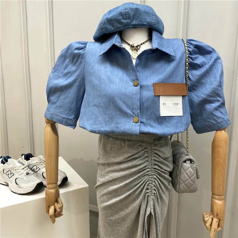 

2020 New Summer Retro Label Loose Puff Sleeve Denim Shirt Women All-match Casual Short-Sleeved Denim Top Blouses Tops