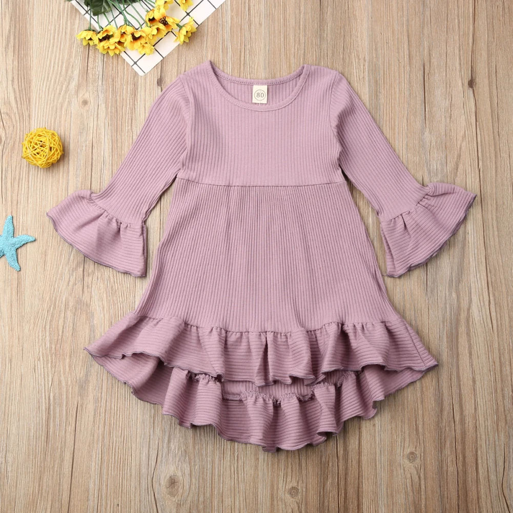 Pudcoco/Новое поступление; Лидер продаж; платье принцессы для маленьких девочек; однотонное платье-пачка с расклешенными рукавами и рюшами; одежда из хлопка для свадебной вечеринки
