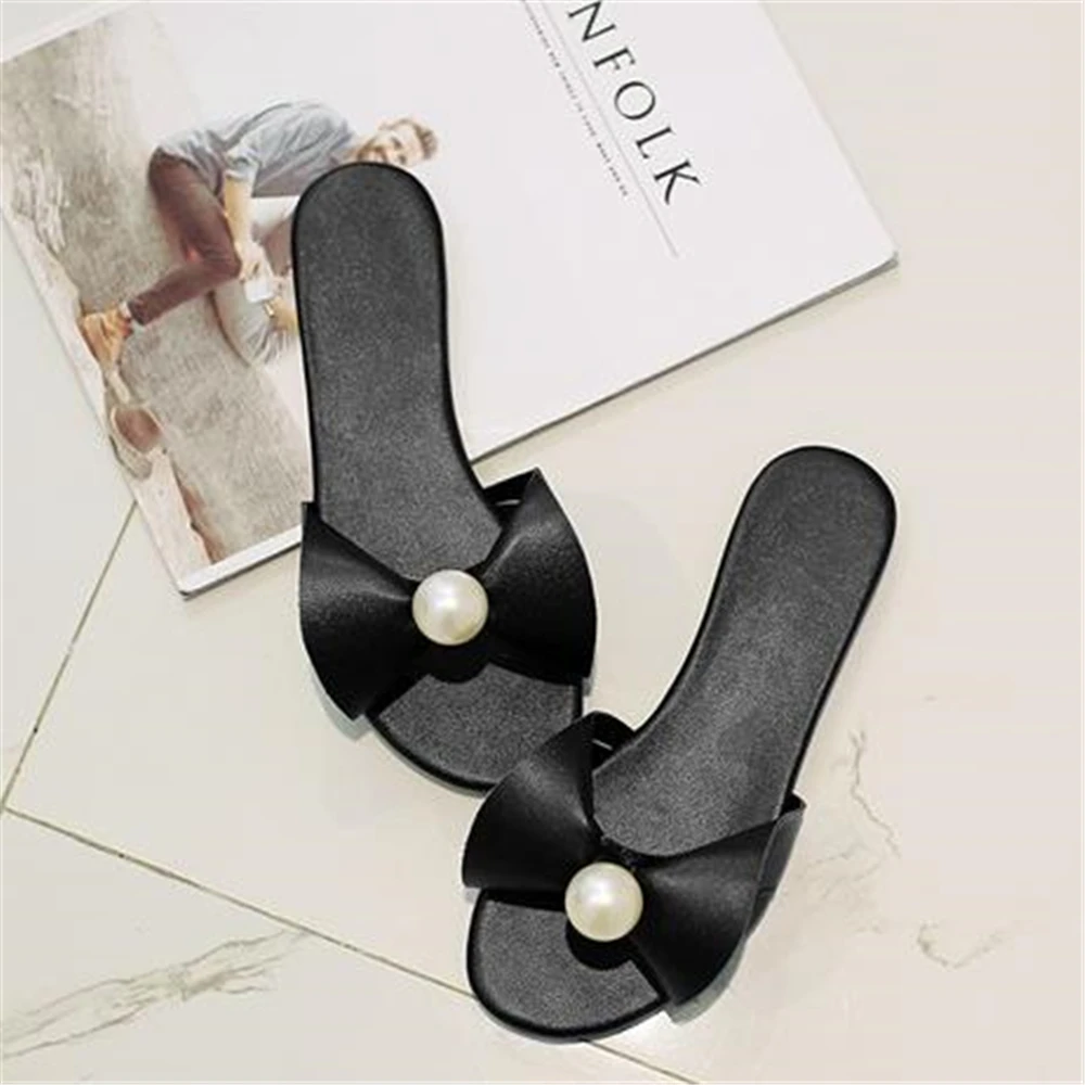 

2018 flat sandals women Xia Xuesheng peep-toe cool slippers pearl flat with haansoft sweet word fashion sandals