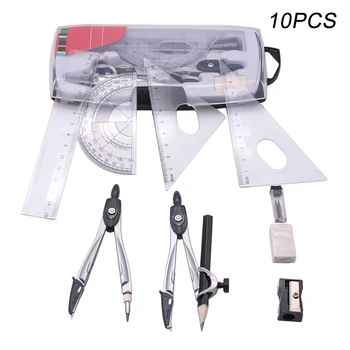 

10pcs Protractor School Ruler Eraser Stationery For Students Math Compasses Set Geometry Set Squares Drawing