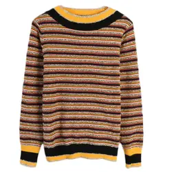 Tunjuefs в цветных блоках полосатый свитер женский джемпер люрекс Элегантный Bodycon длинный рукав Джерси Подиум приталенные пуловеры вязаный Топ