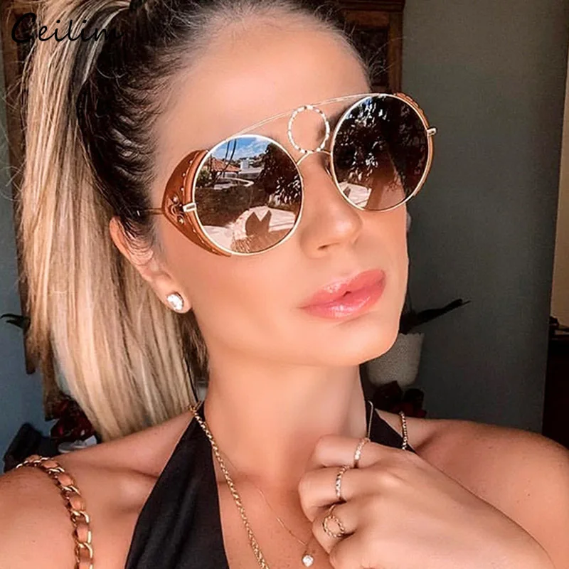 2021 New Luxury Brand Leather Frame Round Sunglasses Women Steampunk Alloy Rivet Sun Glasses High Quality Oversize Mirror Shades |