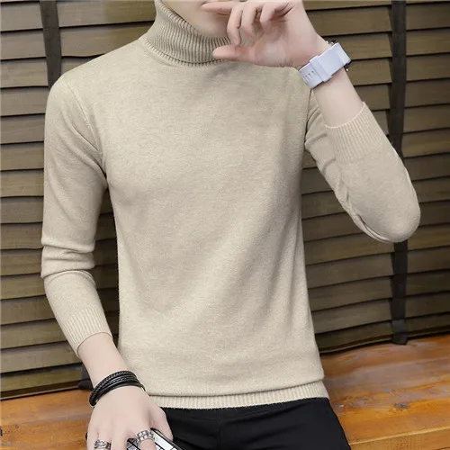 Men Turtleneck Sweater Autumn Winter Solid Color Casual Sweater Men's Slim Fit Knitted Pullovers Bottoming Jumper - Цвет: Бежевый