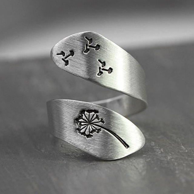 Silver Color Irregular Twisting Rings for Women Fashion Boho Dandelion Forest Flower Rings Open Adjustable Jewelry