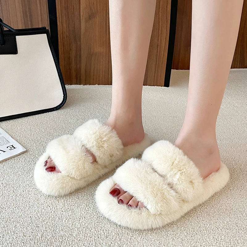 

Faux Fur Sliders Indoor Shoes Woman Furry Slippers Fur Slides For Women Strap Shoes Female Casual Home Flat Winter Footwear