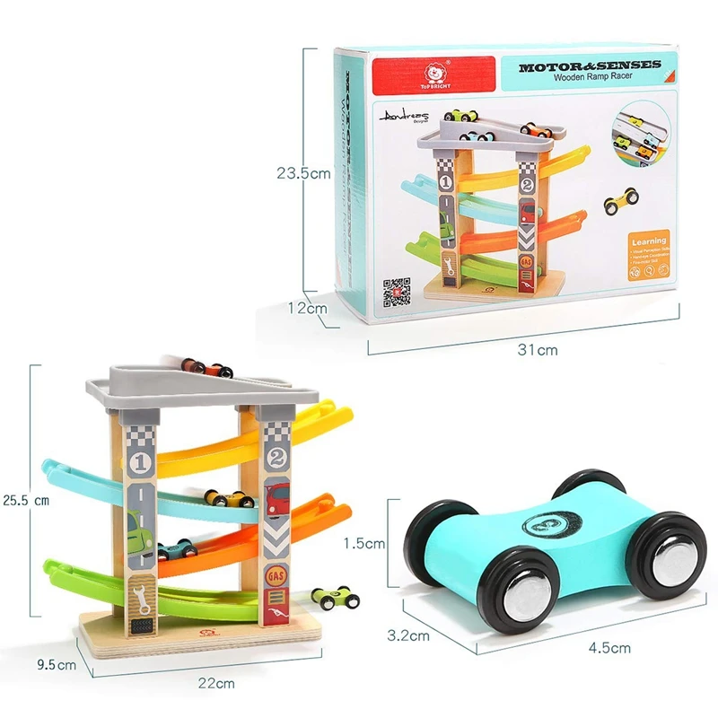 Baby Car Toy For 3-6 Years Old, 4 Mini Car Wooden Track Ramp Racing Game, Suitable For Boys And Girls