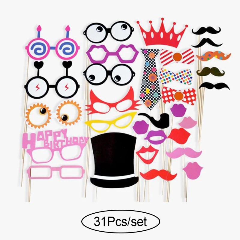 31Pcs set Moustache 10-60 шт DIY фото стенд реквизит забавная маска очки Усы губы на палочке День Рождения невесты свадебные украшения вечерние аксессуары - Цвет: 31Pcs set Moustache