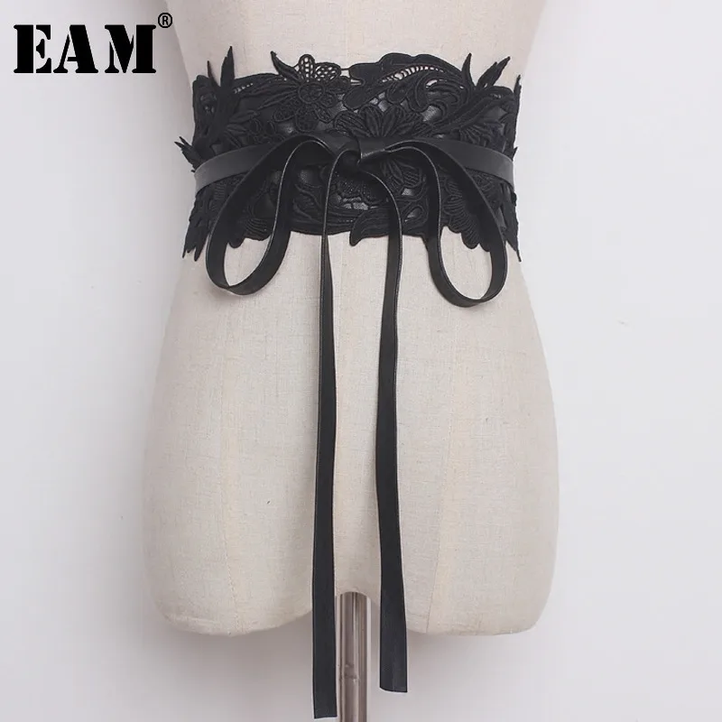

[EAM] 2019 New Summer Slolid Color Lace Split Joint Bandage PU Leather Loose Wide Belt Women Fashion Tide All-match JG363