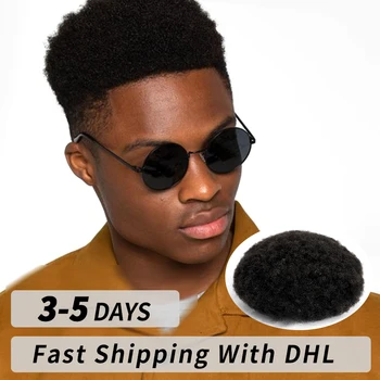 Afro Kinky Curly Toupee Wig For Black Men Indian Human Hair Thin Skin Hair System Replacement PU Poly Hair Topper Ever Beauty 1