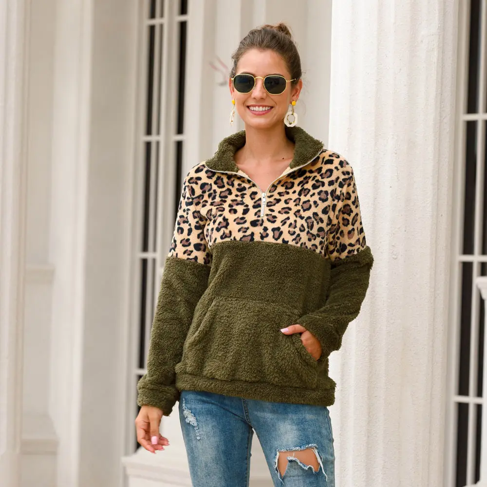 Женский леопардовый флисовый свитер, плюшевый флисовый Леопардовый пуловер на молнии размера плюс 2XL, пушистые свитера из шерпы, женские Теплые Топы