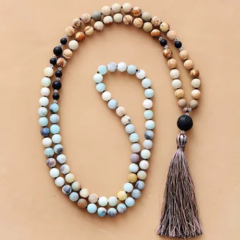 Beads Knot Necklace 8MM Matte Natural Stones Soft Tassel Mala Necklace Women Lariat 108 Beads Yoga Necklace Dropshipping