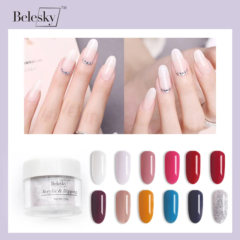Promo Price of  BELESKY dipping acrylic powder 10g/box clear white pink slowly dry extension carving manicure acryl