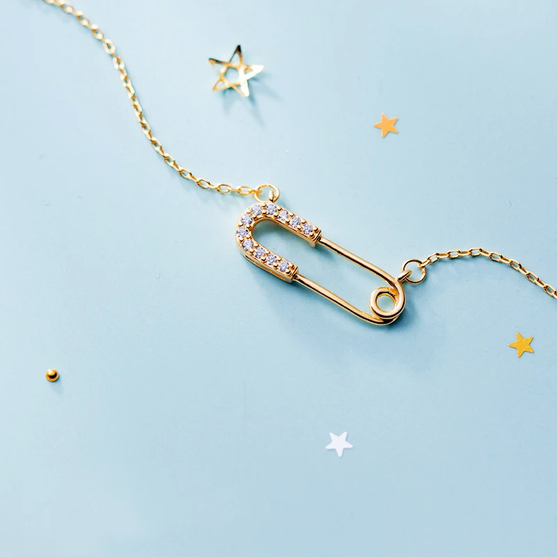 

100% Real 925 Sterling Silver Safety Pin Choker Necklaces Dainty Pin Necklace for Women Girls