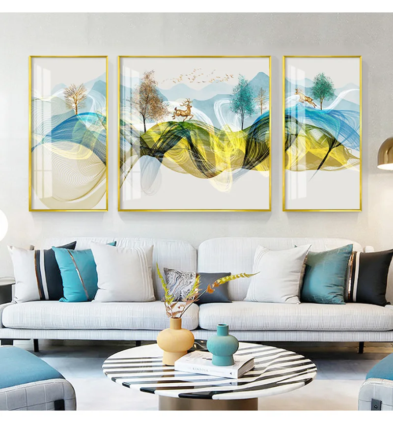 

The Running deer and Flying golden birds porch Living Room Decoration Landscape elk maple Canvas Art Poster Tricrystal Paintings