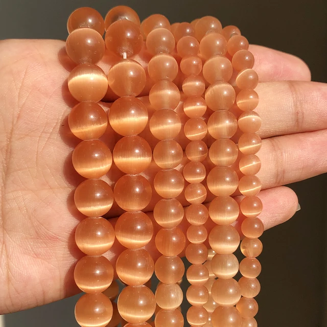 Natural Stone Pink White Moonstone Cat Eye Beads For Jewelry Making Smooth Loose Spacer Beads Opal Diy Charm Bracelets Necklace Light Orange