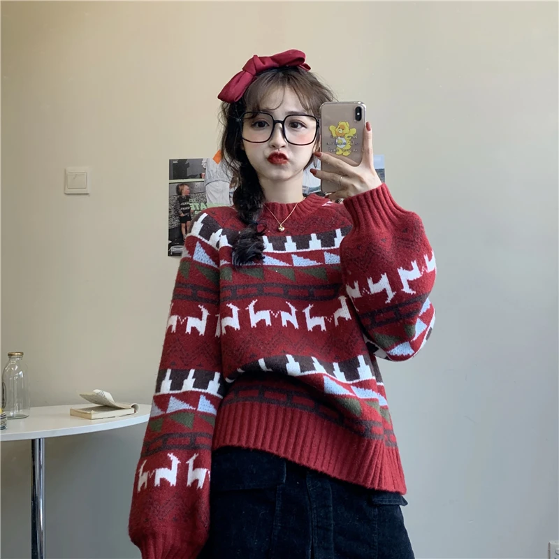 

loose lantern sleeve Christmas pattern round neck long sleeve sweater