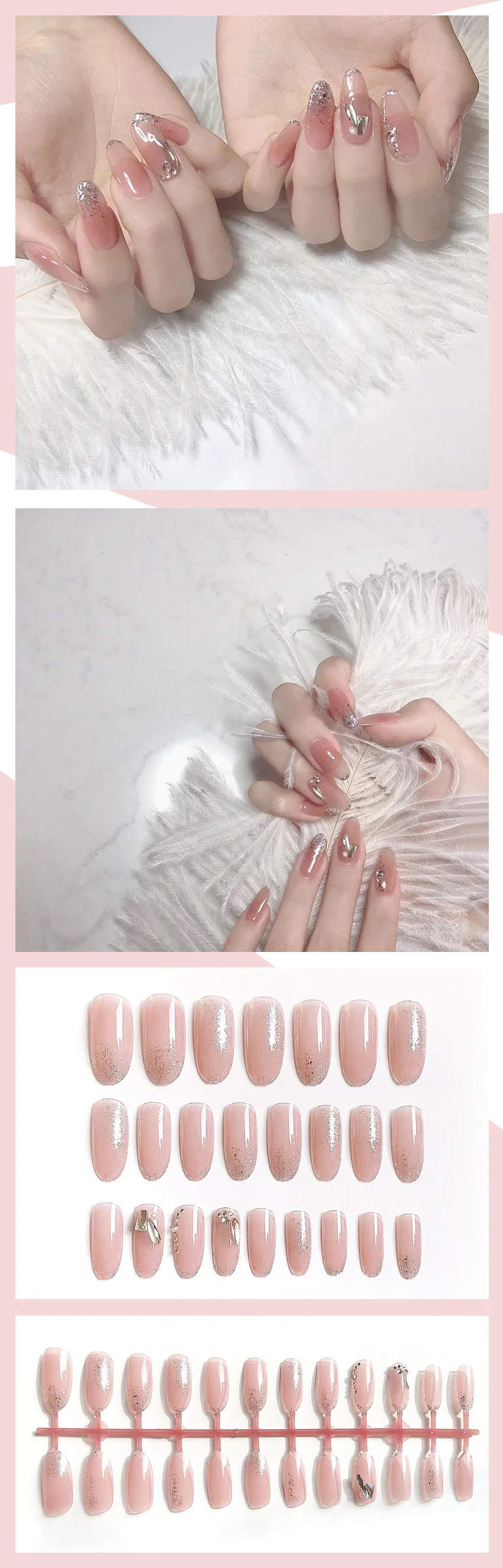 Pink Nude Silver French Round Presson False Nails Oval Glossy Full Cover Nail Long Glitter Fake Nails Acrylic for Wedding Party