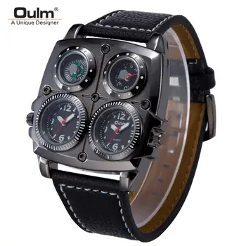 

Oulm Casual Big Watch Two Time Zone Men's Wristwatches Luxury Leather Sport Watch Male Quartz Clock Man Relogio Masculino