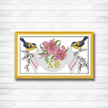 

Wedding anniversary bird flowers painting Counted Print on canvas DMC 11CT 14CT cross stitching kits Needlework Sets embroidery