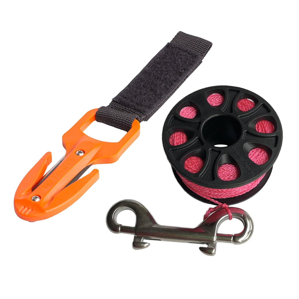  Diving Line Cutter Knife with Sheath & Dive Finger Spool Reel Clip Finger Spool Reel Cord Double Ended Hook Clip