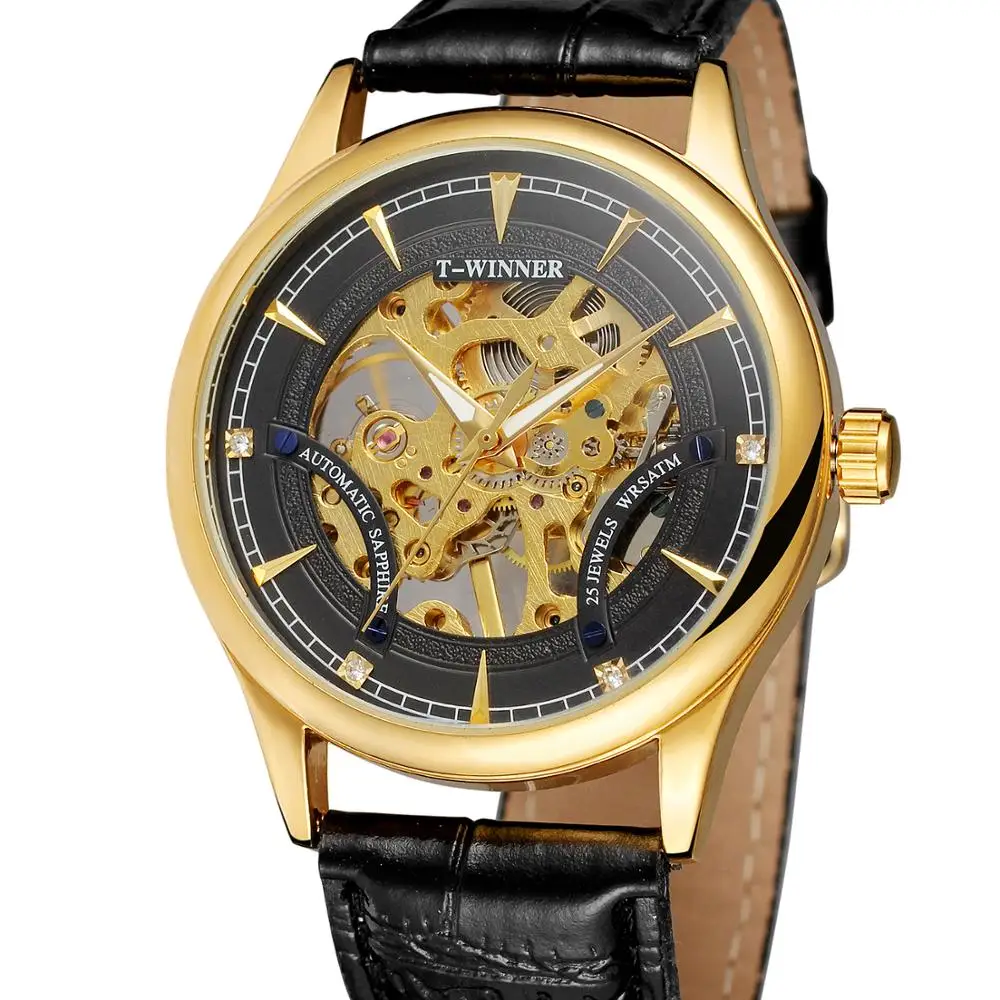 

WINNER WATCH Fashion Men's Watch Golden Hollow Design Black Dial and Strap Automatic Mechanical Watch Festival Gift