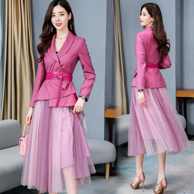 

2020 Spring New Style Western Style Ol Elegant Irregular Stripes Small Suit Coat Women's Gauze Skirt-Style Set
