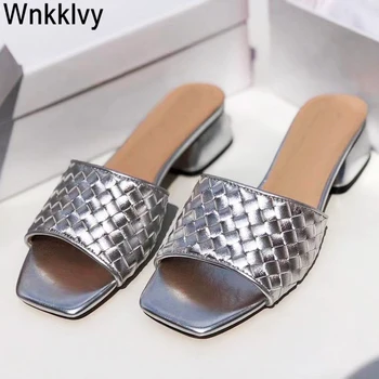 

Weave knitted Slippers women vocation 2020 dress party chunky high heel flipflops summer lazy sandals zapatos mujer sandals