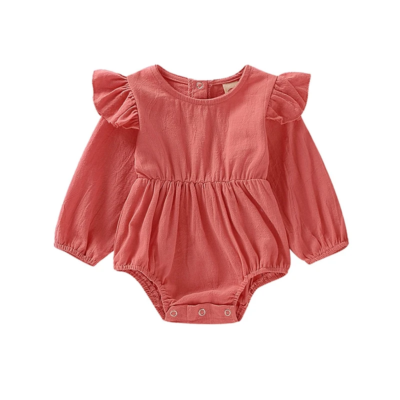 Hot Pink Новинка; хлопковый льняной комбинезон с оборками для маленьких девочек; комбинезон с оборками и рукавами-крылышками; однотонное боди с рюшами; Модная одежда для маленьких девочек - Цвет: Hot Pink