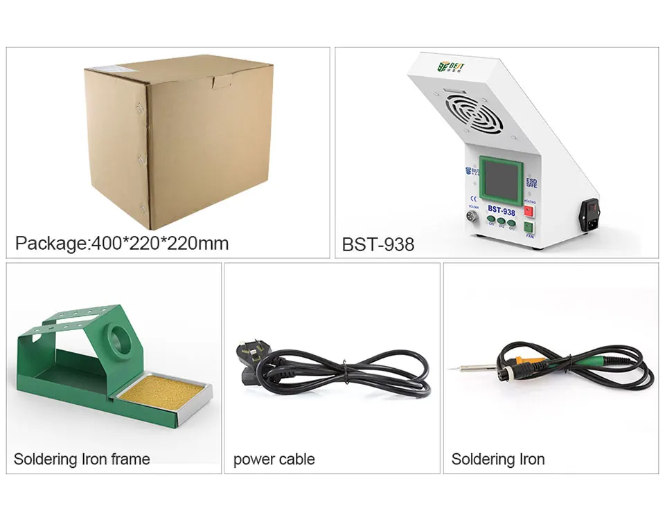 3 в 1 Профессиональная паяльная сварочная железная станция со светодиодный светильник поглотитель дыма ПАЯЛЬНЫЕ НАКОНЕЧНИКИ подставка держатель BST-938 220 В/110 В