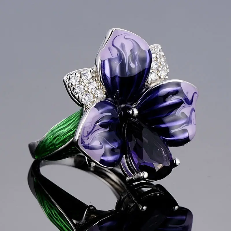 925 пробы Серебряное великолепное эмалированное кольцо для женщин с большим фиолетовым камнем и глубоким фиолетовым эмалированным цветком кольцо для женщин вечерние ювелирные изделия
