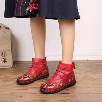 

2019 Chinese style women's boots autumn winter new retro leather non-slip short boots women flat embroidered soft bottom boots