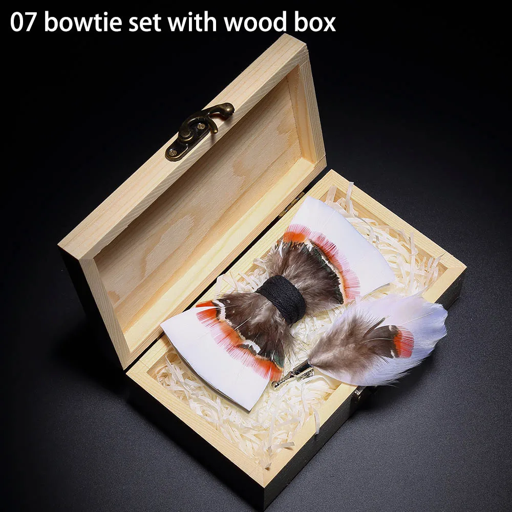 07 in Wooden Box RBOCOTT дизайн галстуки-бабочки галстук-бабочка с перьями изысканная ручная работа Мужская брошь для галстука-бабочки булавка деревянный подарочный набор для мужчин Свадебный - Цвет: 07 in Wooden Box