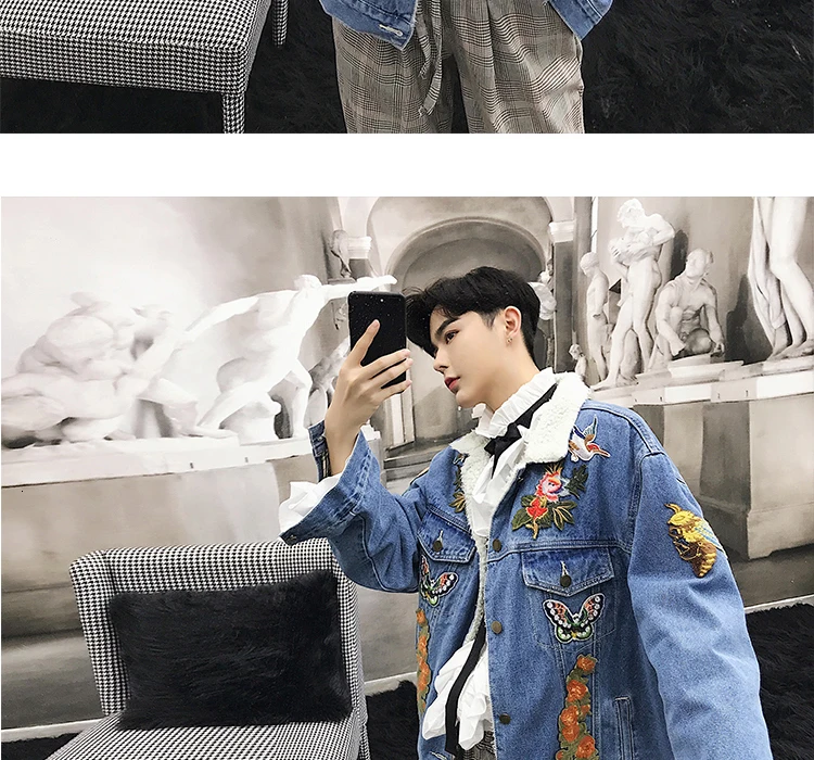 EWQ / New Fashion Short Embroidered Velvet Denim Jacket Men Loose Casual Chinese Style Chamarra De Mezclilla Dama 9A169