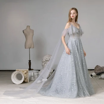 

2019 Real Sample Pictures Silver Grey Gauze Float Shining Pleating V-Neck Dresses Ladies Party Evening Dress