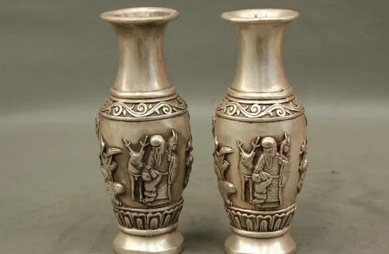 318 7 Chinese Silver Longevity God Shou Star Deer Crane Kid Statue Vase Pot Pair | Дом и сад