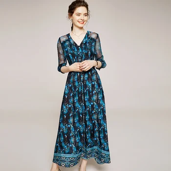 

100% Silk Women's Runway Dresses Sexy V Neck 3/4 Sleeves Printed Fashion Casual Ankle Length Dresses