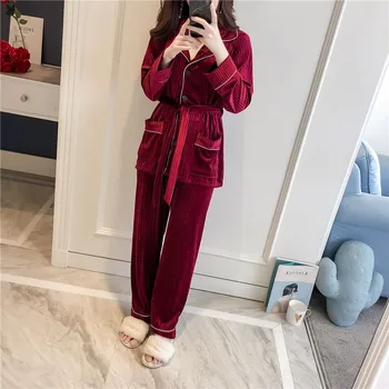 

Red Pajamas Set 2PCS Women Velour Sleepwear Casual Lounge Autumn New Sleep Suit Pyjamas Nightwear Soft Top&pants With Belt