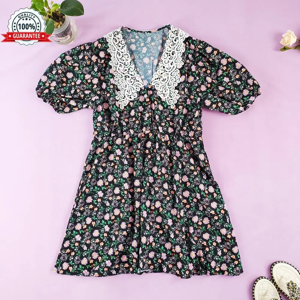 

2020 Stylish ZA Women chrysanthemum Folral print Lace Dress Ladies Short Sleeve Elastic Waist Vestidos Chic casual Mini Dresses